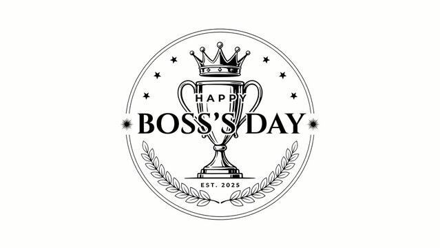 Happy Boss's Day Vintage Emblem Badge Logo with Trophy Cup, Crown, and Laurel Wreath Isolated on White Background