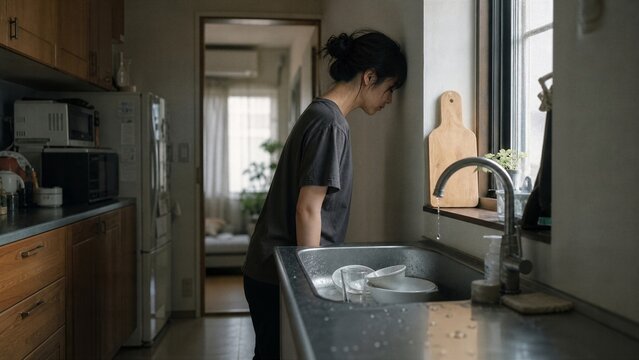 Frustration in the Kitchen: A woman leans her head against the wall in despair, facing a sink full of dirty dishes, a quiet moment of overwhelming domesticity and emotional exhaustion.
