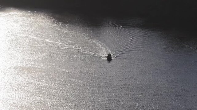 Aerial view of a boat on the river in Mandacaru, Brazil.