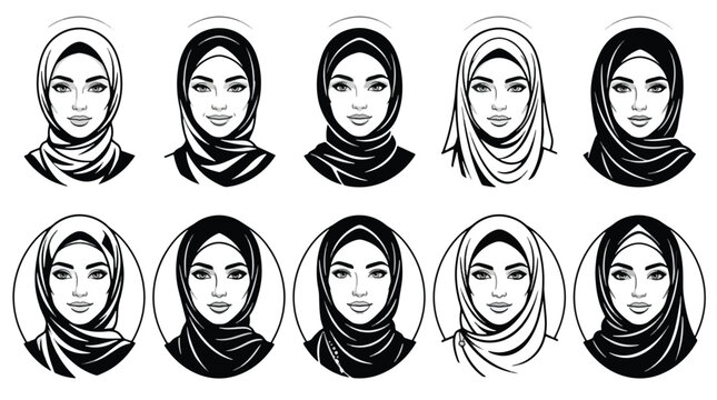 Set of black and white hijab women portraits in simple vector style.