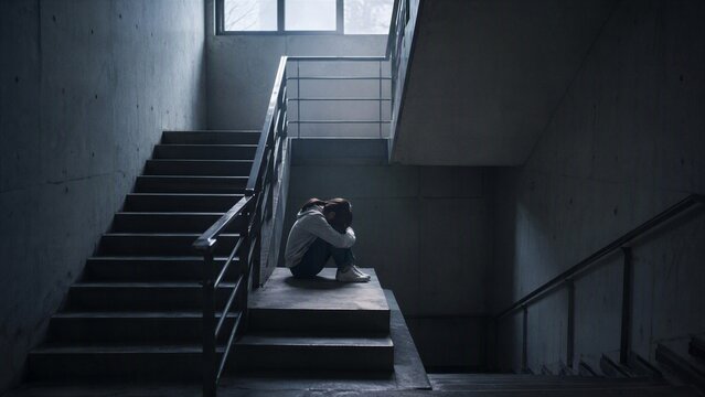 Loneliness on the Stairwell: A solitary figure sits hunched on a concrete stairwell, shrouded in shadow, embodying feelings of isolation and despair.