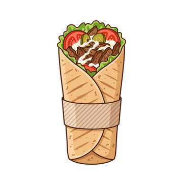 A shawarma wrap with sliced meat, lettuce, tomato, pickles, and garlic sauce in flatbread, presented in a colorful and appetizing flat composition.