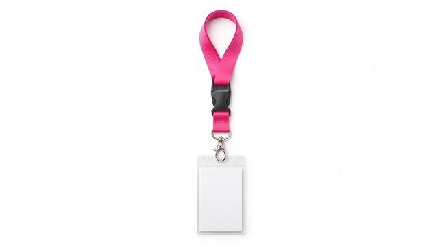 Pink lanyard with blank ID card holder, vibrant neck strap with plastic badge mockup, corporate identification accessory on white background