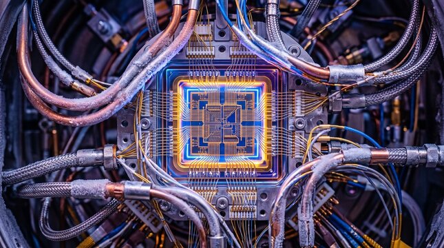 Microprocessor chip illuminated by vibrant neon blue and orange light surrounded by a dense web of metallic copper wiring.