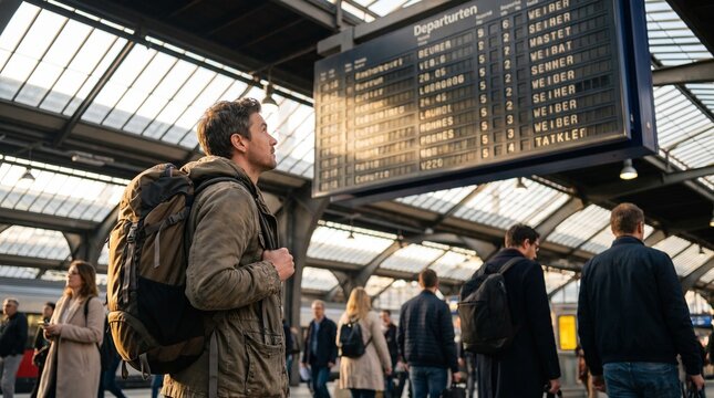 Traveler with Backpack Looking at Departure Board in Busy Train Station