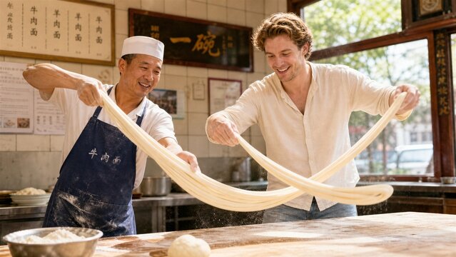 Dough Stretching Tradition: A local chef teaches a tourist the art of hand-pulling noodles, demonstrating a traditional culinary technique in a warm and engaging cultural exchange.