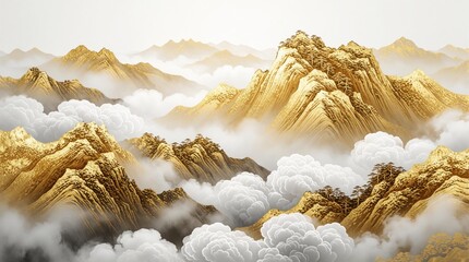 Obraz premium Golden mountain range with mist and clouds in Chinese painting style. Artistic landscape illustration with gold foil details, suitable for avatar or decorative use.