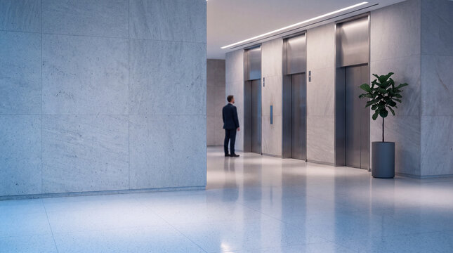 Minimal corporate elevator lobby with stone walls