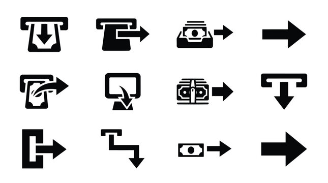 Collection of various ATM and card payment transaction icons with arrows