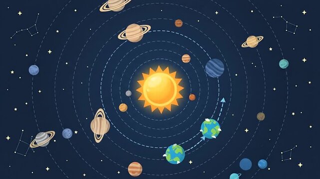 Animated solar system with orbiting planets and shining sun in deep space