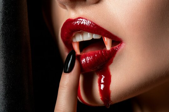 Extreme close-up of woman's mouth with sharp vampire fangs, glossy red lipstick, blood drip, finger touching lower lip, and dark moody Halloween lighting studio light