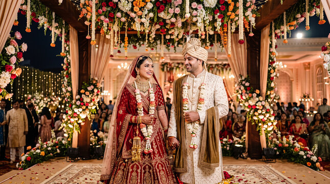 Indian wedding couple in traditional red and white ceremonial attire standing beneath an ornate floral mandap surrounded by guests.