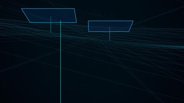 Abstract blue wireframe grid animation with floating panels and shifting horizon lines