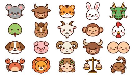 Fototapeta premium Cute animal and zodiac icons collection