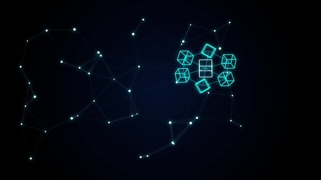 Glowing digital blockchain cubes and network nodes animation on dark background