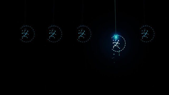 Digital glowing pendulum animation with particle effects on dark background