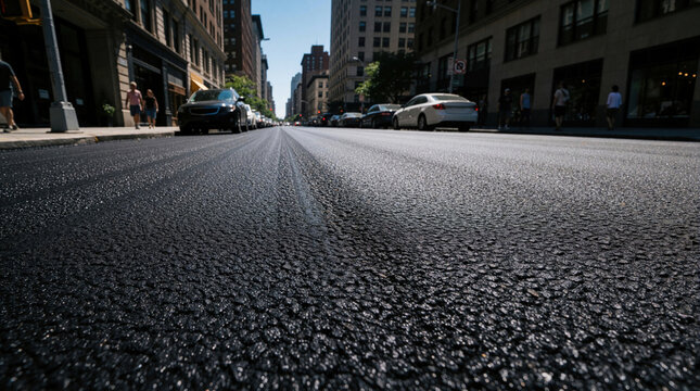 Freshly paved dark city asphalt ripples with heat under intense sunlight on a summer day. Cars drive on the street past buildings. Urban heatwave creates visible mirage effect.