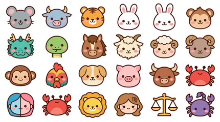 Fototapeta premium Cute animal faces and zodiac symbols