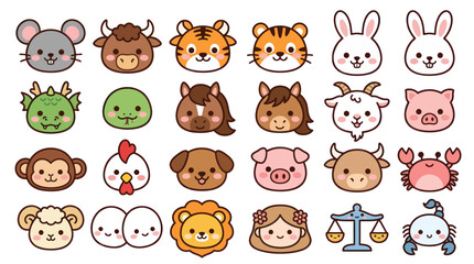 Obraz premium Cute animal faces and zodiac signs collection