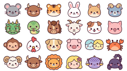 Obraz premium Cute animal faces and zodiac symbols collection