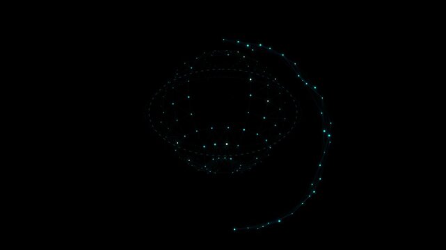 Cyan wireframe digital sphere spinning on black background