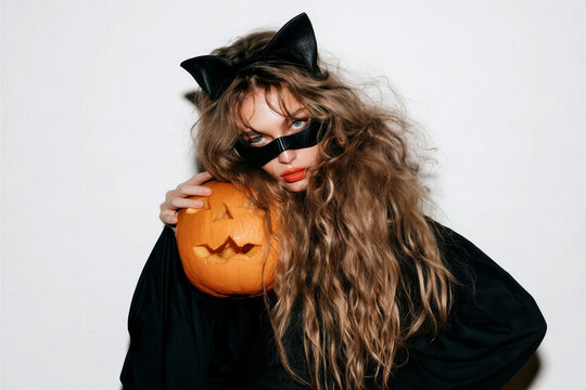 Black cat costume child holding carved pumpkin close to chest against clean white backdrop with long tousled hair partly covering face
