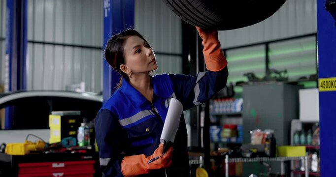 Female EV technician inspects raised vehicle undercarriage, touching tire area and writing notes on clipboard during preventive vehicle inspection inside modern automotive service workshop bay.