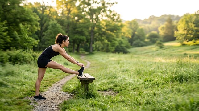 Athletic woman stretching leg on wooden bench in green park at sunset