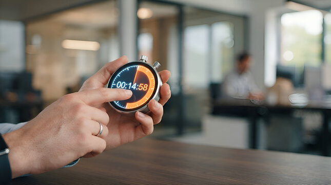 Person holding smartphone displaying timer at 00:14:59 in modern office environment with colleagues working in background