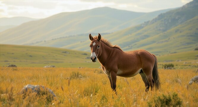 A beautiful brown mule stands in a vast wild meadow filled with golden grass, showcasing a stunning background of rolling green hills and soft evening light in the countryside.