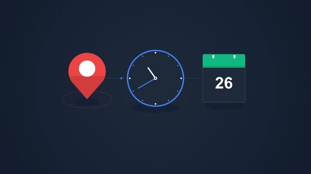 High-quality 4K motion graphic animation featuring flat-style vector icons for time clock, map location pin, and calendar date symbol. Clean corporate tech aesthetic with smooth harmonic synchronizati