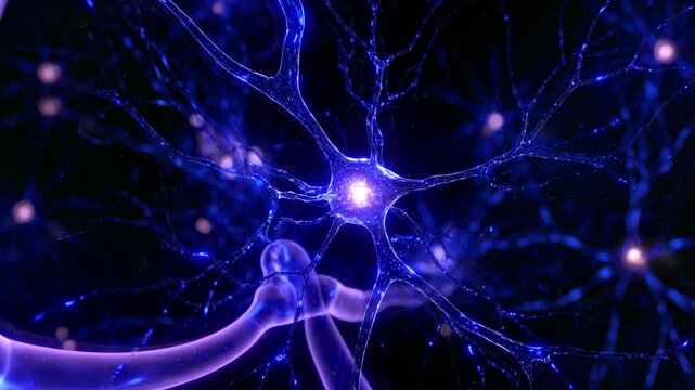 4K Seamless Loop Animation of a Glowing Blue Neuron Cell with Branching Synapses