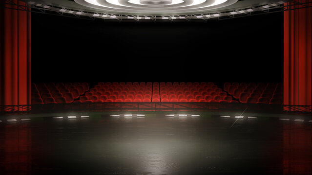 Virtual theatrical stage background, with red seats. A 3D render, ideal for live performances, shows or events. A graphics backdrop suitable on VR system sets, with green screen