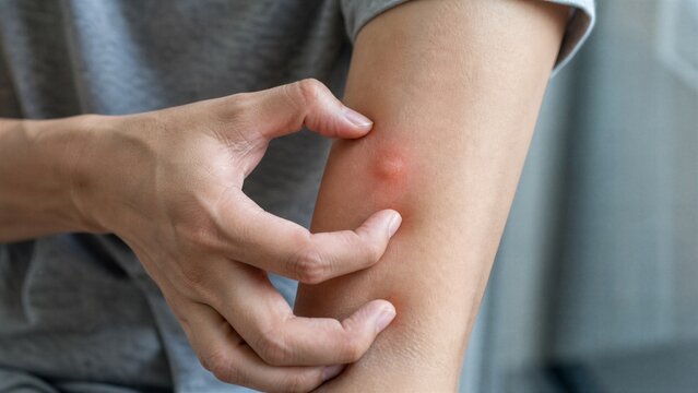 Itchy Skin Irritation: Close-up of a person's arm with a red, inflamed mosquito bite or insect sting being scratched by a fingernail, indicating discomfort and a dermatological issue.