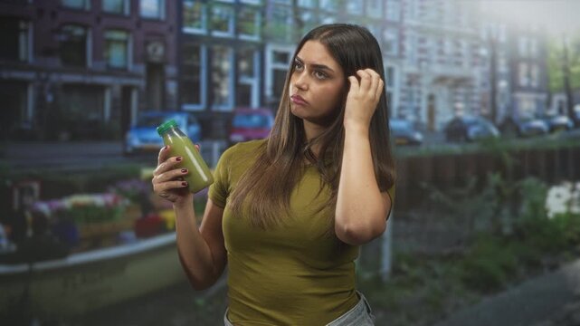 Young woman holding green juice bottle with green cap, touching hair and sniffing lid near canal boat and parked cars on street; doubt health choice.