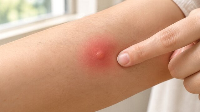 Irritation: A close-up shot of a red, swollen insect bite on a person's arm, with a finger pointing to the inflamed area, highlighting discomfort and itchiness.