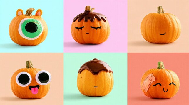 Collage of five small decorated pumpkins with playful cartoon faces on pastel background blocks arranged in grid with soft studio lighting and minimalist composition