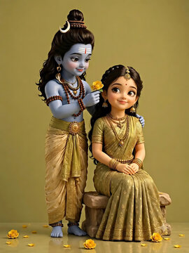 Lord Shiva and Goddess Parvati Together in a Tender Divine Moment, Shiva Blessing Parvati in Traditional Indian Attire, Sacred Hindu Couple, Spiritual and Devotional Mythology Art
