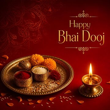 Happy bhai dooj celebration card with brass puja thali and glowing diya