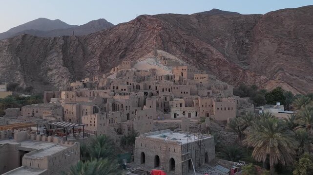 Aerial view of Birkat Al Mouz ruins in the mountains, Oman.