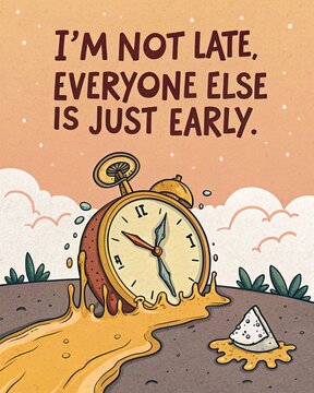 Playful artwork featuring a dripping clock accompanied by the phrase i am not late everyone else is simply early exploring the concept of time and how it is perceived