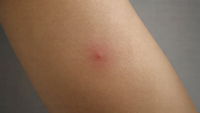 Mosquito Bite on Skin: A close-up view of a single mosquito bite, a small red welt on human skin, representing an irritating insect encounter.