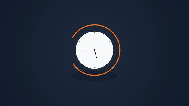 High-quality 4K motion graphic animation featuring a fast orange circular arrow spinning around a minimalist analog clock face. Efficiency, deadline tracking, and time management concept with seamless