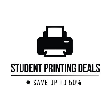 Black silhouette of a desktop printer with paper tray on a white background student discounts academic