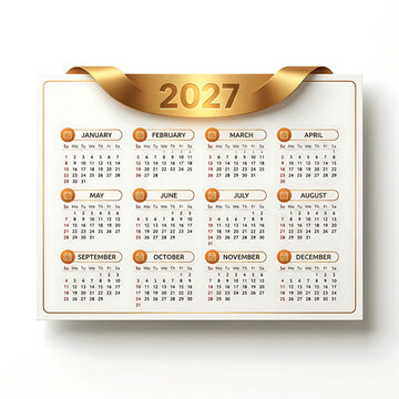 Clean vector 2027 year calendar template with gold ribbon banner design
