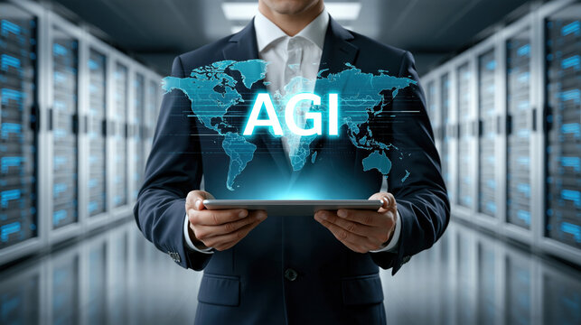 AGI hologram world map above tablet held by businessman in server room, futuristic corporate technology scene with confident mood