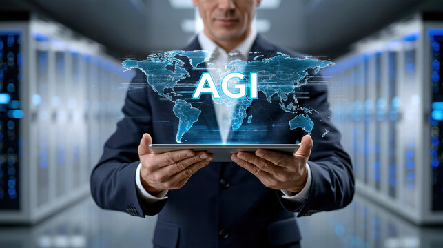 AGI world map hologram over tablet held by businessman in server room conveying global artificial intelligence network and innovation