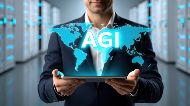 Futuristic business professional holding tablet projecting glowing world map and AGI text, sleek data center background, confident innovative mood