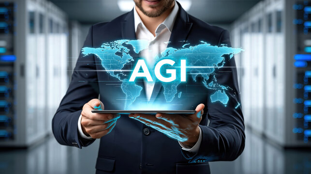 AGI holographic world map projected above tablet held by businessman, futuristic corporate technology concept with glowing interface