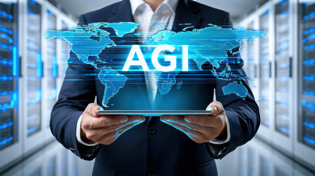 Futuristic digital global map with AGI overlay held on tablet by businessman in server room